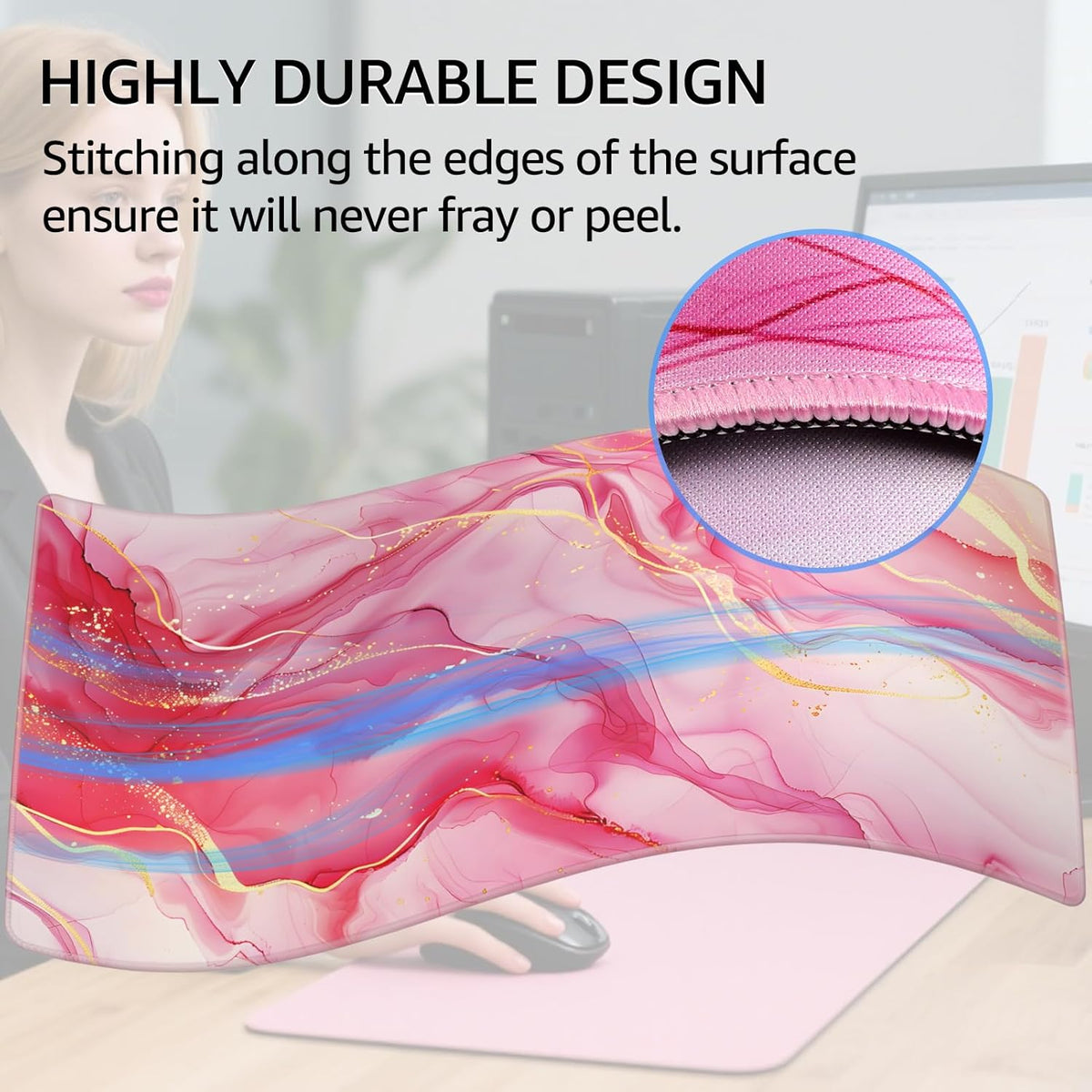 KTRIO Large Gaming Mouse Pad with Stitched Edges, Extended Mousepad with Superior Micro-Weave Cloth, Non-Slip Base, Water Resist Keyboard Pad for Gamer, Office & Home, 31.5x15.7in, Pink Marble