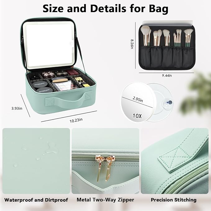 Travel Makeup Bag with LED Mirror and 10x magnifying glass with 3 Lighted