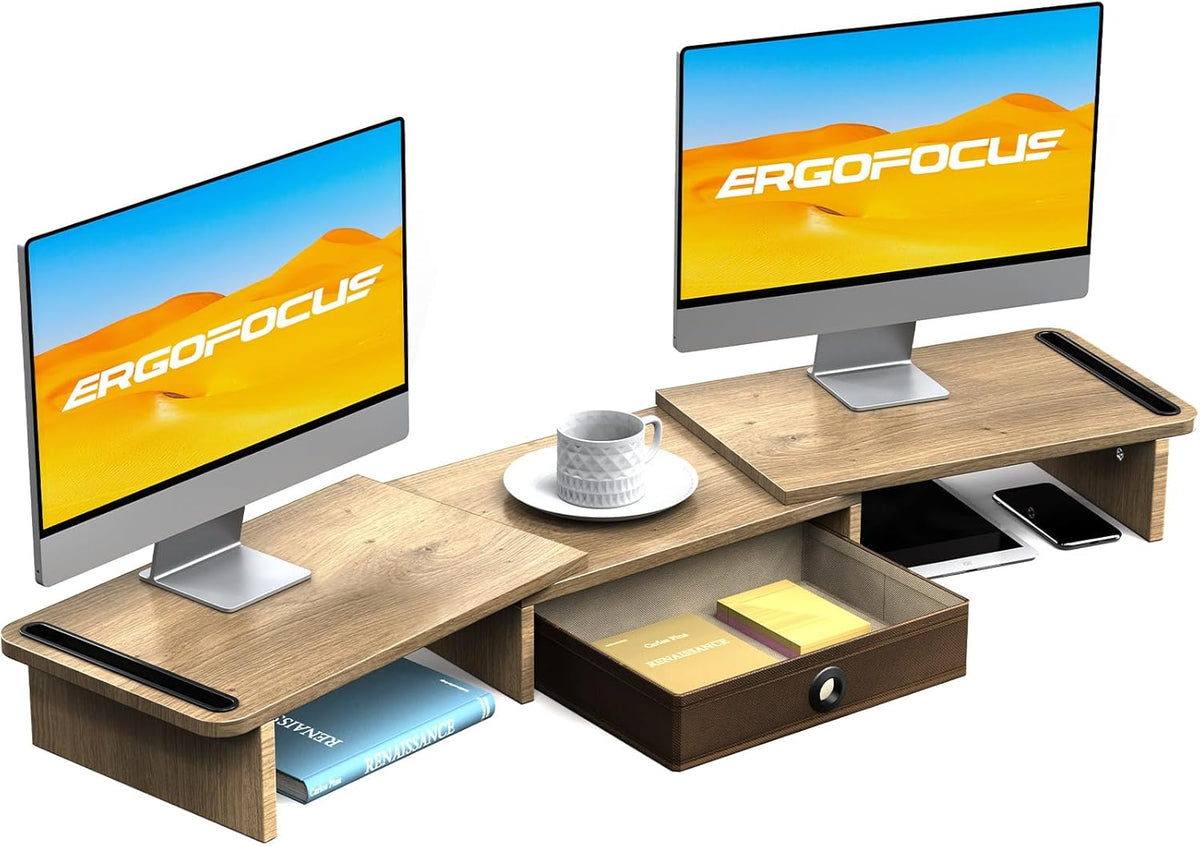 Dual Monitor Stand Riser with Drawer-Adjustable Length and Angle, Monitor Stand Riser for 2 Monitors, Desktop Organizer Stand for Computer/Laptop/PC/Printer (Oak)