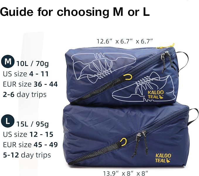 Ultralight Travel Shoe Bag 15L, Fits 2 Pairs Shoes, Large Water-Resistant