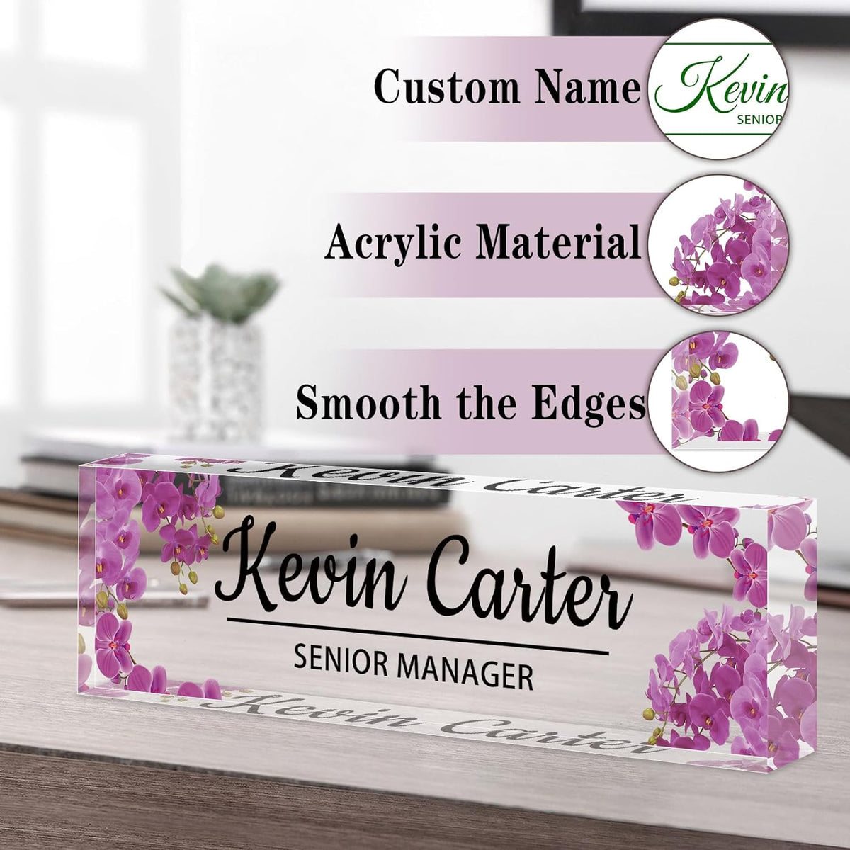 Name Plate for Desk Personalized, Acrylic Desk Decorations, Employee Appreciation Gifts, Custom Office Gifts for Coworkers, Boss, Teacher, Nurse (Orchid)