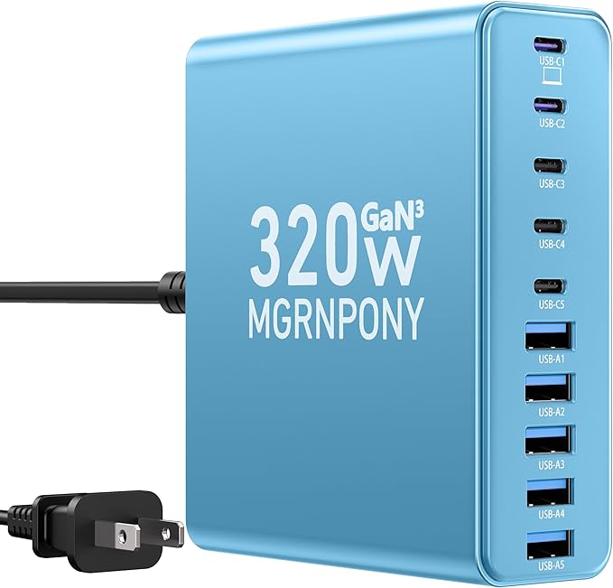 320W USB C Charger Block, 10-Port USB C Charging Station GaN III PD 65W PC