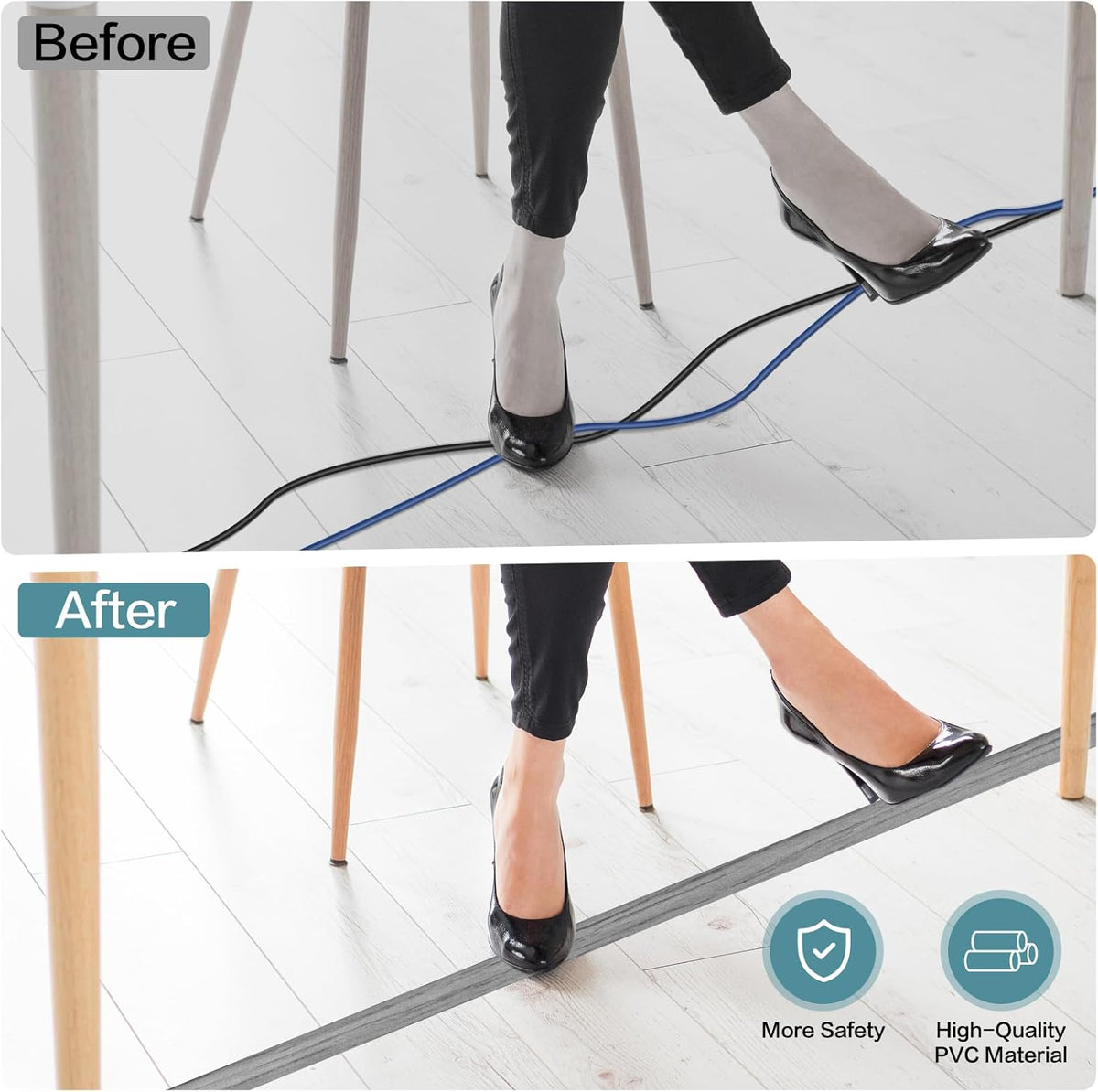 Floor Cord Cover Self Adhesive Cord Hider Floor Extension Cord Covers for Floor Power Cord Protector Cable Management Prevent Cable Trips Cable Cavity 0.51" W x 0.31" H (Light Grey Wood, 20Ft)