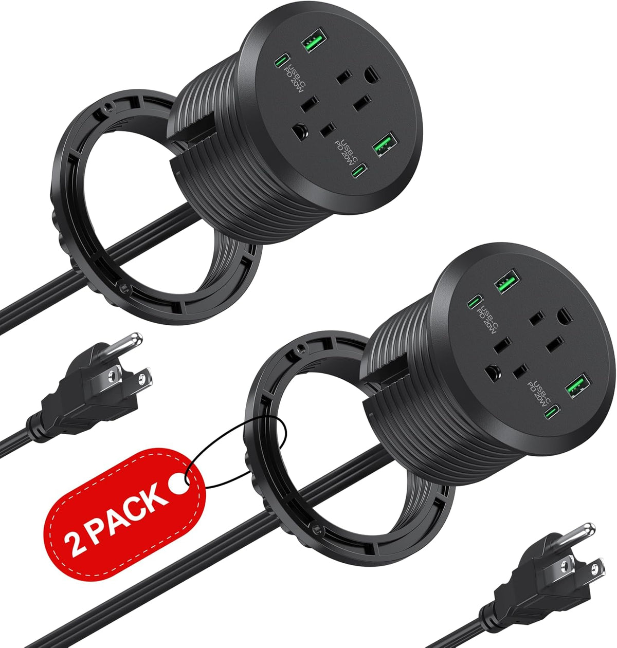 Desktop Power Grommet, 3-inch Hole, 40W Fast Charging Station, 2 PD 20W USB C Ports, 2 AC Outlets, 4 USB Ports, Flush Mount, 2 Pack