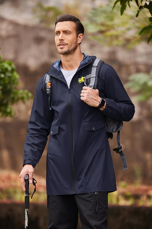 COOFANDY Men's Long Raincoat Ligtweight Rain Jacket Waterproof Outdoor Jackets