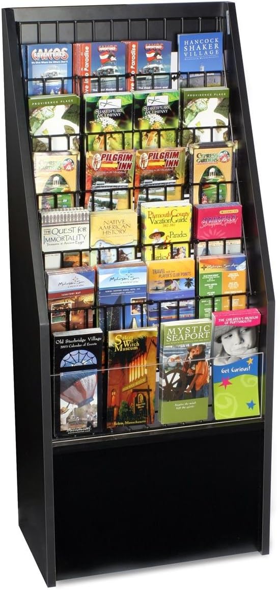 12 or 24-Pocket Literature Rack Brochure Holder Stand for Floor - Black Melamine with Wire Pockets