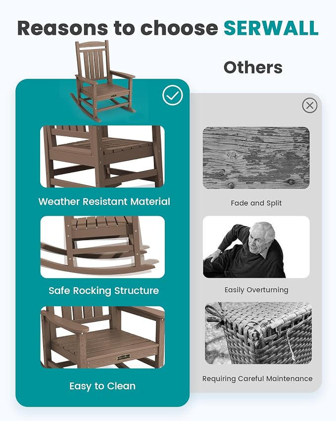 SERWALL Outdoor Rocking Chair, HDPE Patio Rocking Chair All-Weather Porch Rocker