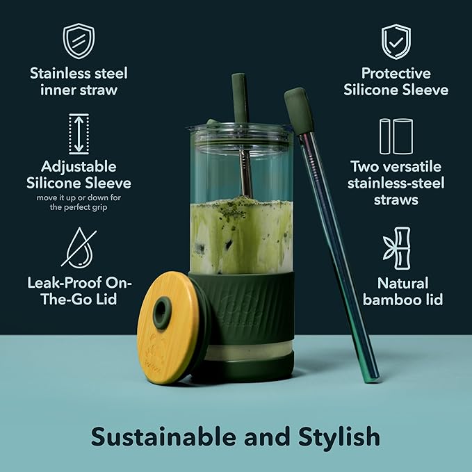 Pandaloo® Glass Cups With Lids and Straws -20 Fl Oz- Perfect Size Iced Coffee Cup - Smoothie Cup With Bamboo Lid and On the go Lid - Glass Tumbler (2 Count (Pack of 1), Lilac-Sage)