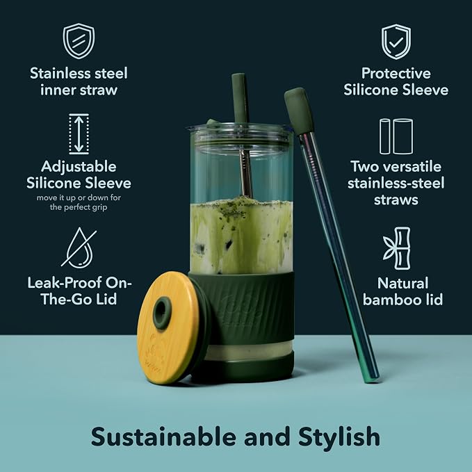 Pandaloo® Glass Cups With Lids and Straws -20 Fl Oz- Perfect Size Iced Coffee Cup - Smoothie Cup With Bamboo Lid and On the go Lid - Glass Tumbler (2 Count (Pack of 1), Black Saphir-Tender Pink)