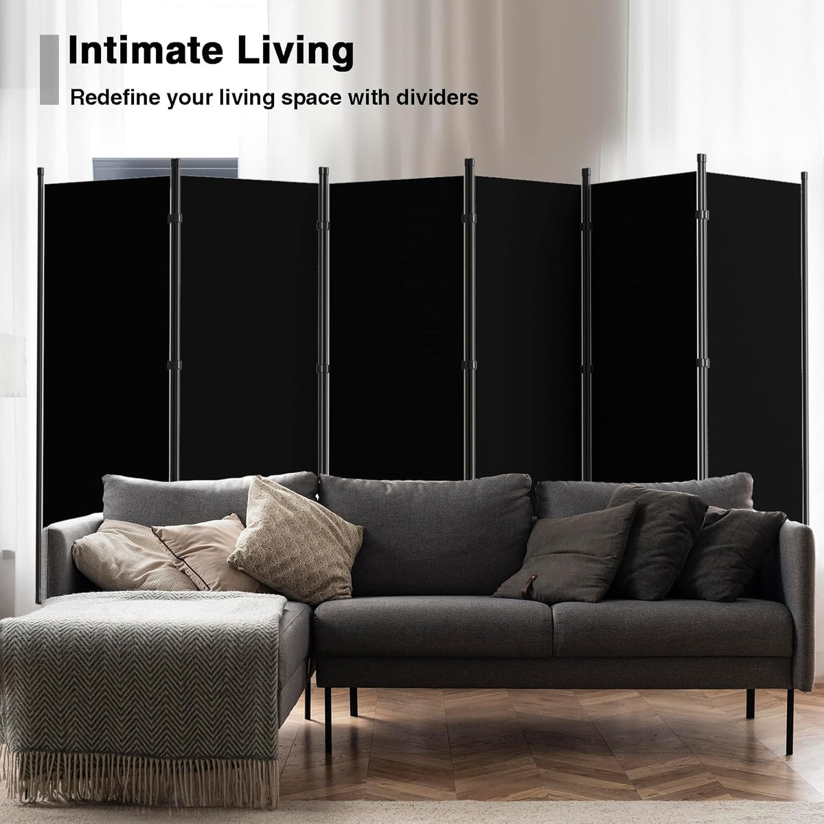 6 Panel Room Divider, 6FT Portable Room Dividers Folding Privacy Screens, 198" W Freestanding Fabric Divider for Room Separation, Partition Room Divider Panel for Dorm Home Studio Office, Black
