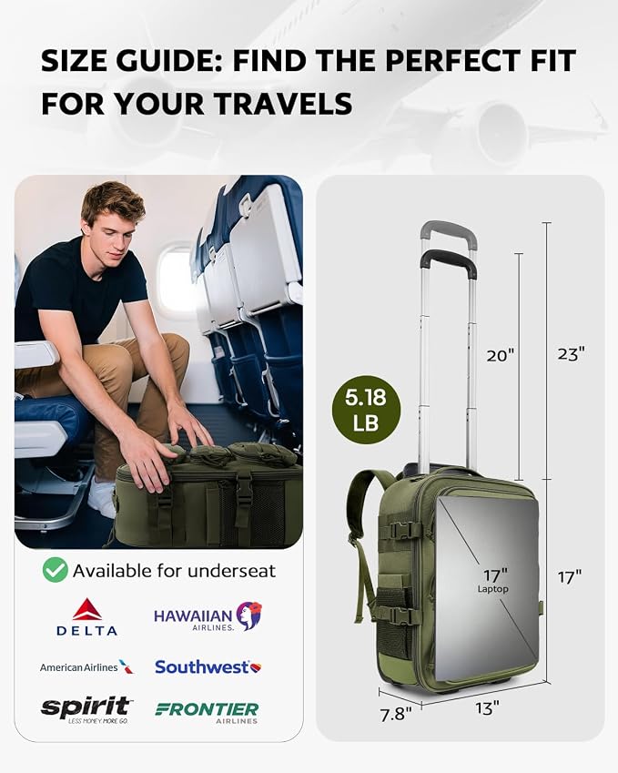 Rolling Tactical Laptop Backpack, Underseat Travel Backpack