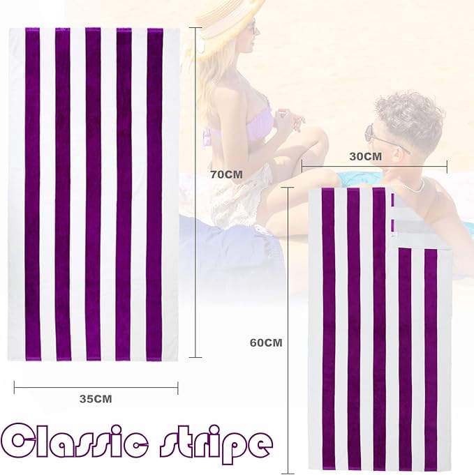 Exclusivo Mezcla 2 Pack Cotton Oversized 35x70 Inches Cabana Stripe Beach Towels, Super Absorbent Soft Plush Pool Bath Towel (Purple)