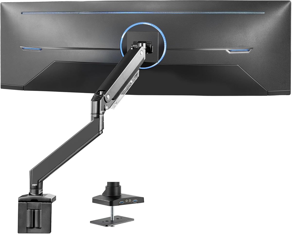 VIVO Premium Aluminum Heavy Duty Monitor Arm with 3.0 USB Ports, Fits Ultrawide Monitors up to 49 inches and 33 lbs, Single Desk Mount Stand, Pneumatic Height, Max VESA 100x100, Black, STAND-V101G1U