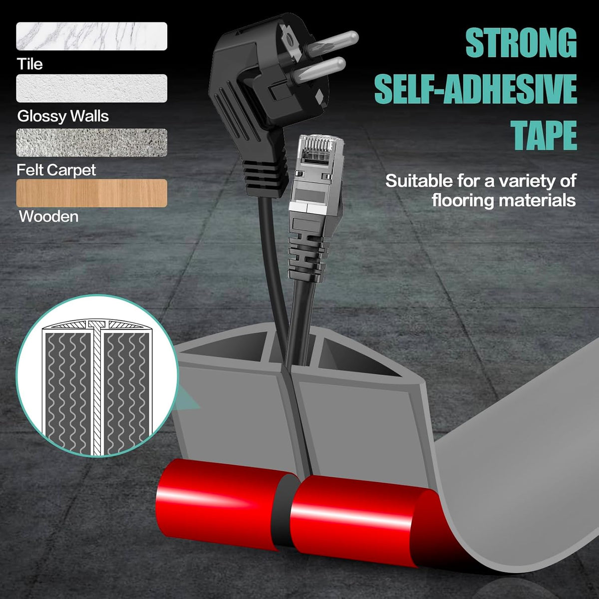Floor Cord Cover Self Adhesive Cord Hider,10FT Cable Management, Extension Strip Protector for Wires, Prevent Cable Trips for Offices, Gyms, Exhibitions Cavity:0.51"(W) x 0.3"(H) Gray
