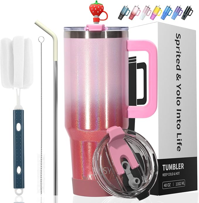 40 oz Shiny Tumbler with Handle and Straw,Stainless Steel Tumbler with Lid and Straw,Insulated Travel Mug(Cold for 34 Hours),Water Bottle for Iced Tea,Coffee (Red)