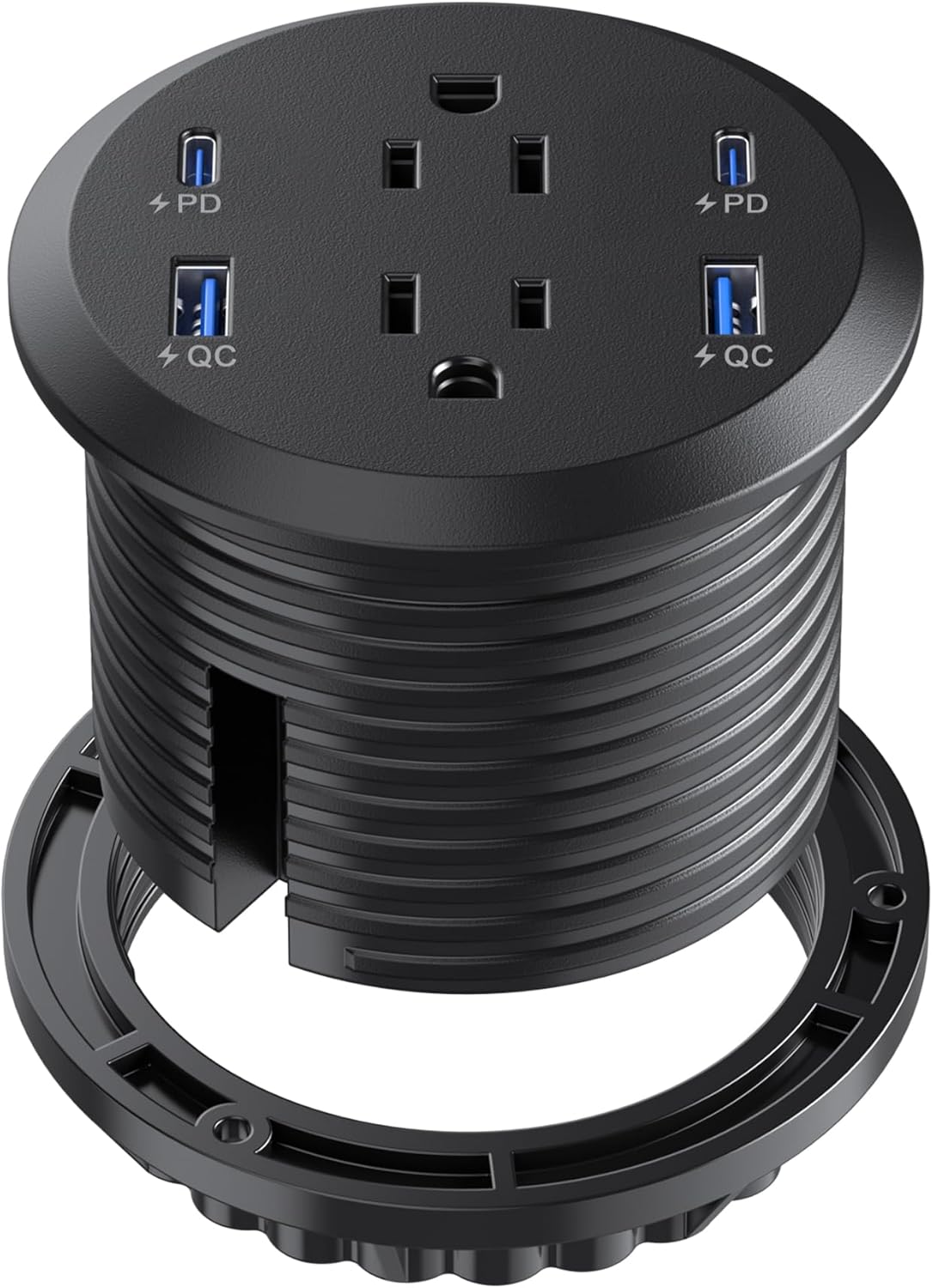 Jgstkcity Desktop Power Grommet, 65W USB C Fast Charging Port, Flush Mount Recessed Power Strip 3inch Hole,2 Outlets,4 USB Ports, Countertop Outlet (Black, 65W USB Port)