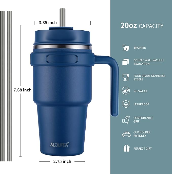 ALOUFEA 20 oz Insulated Coffee Mug Tumbler with Handle, Stainless Steel Travel Mug Tumbler with Lid and Straw,Double Wall Vacuum Leak Proof Ice Coffee Thermal Cup, Navy/Rose Gold