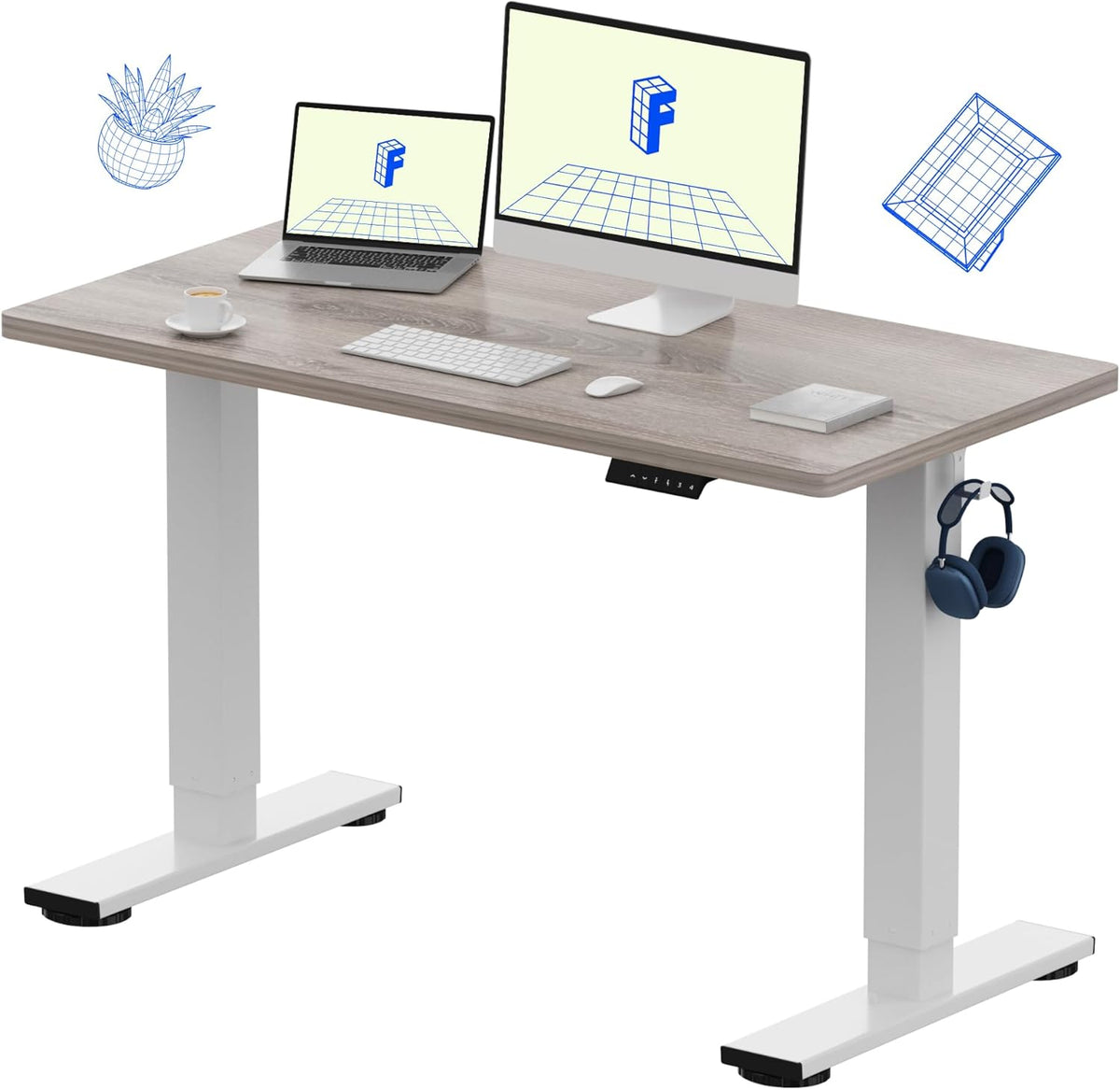 FLEXISPOT EN1 One-Piece Standing Desk 48 x 24 Inches Height Adjustable Electric Desk Sit Stand Desk Home Office Desks (White Frame + Gray Wood Grain Top, 2 Packages)