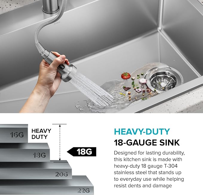 KRAUS Fairlane 33-inch Drop In/Top Mount Single Bowl 18-Gauge Stainless Steel