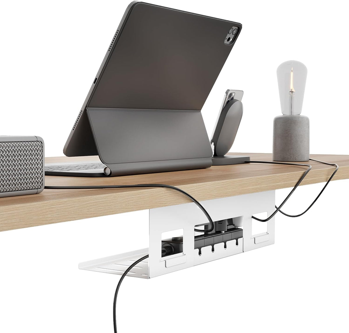 Under Desk Cable Management Tray, 15.7 Inches Metal Cord Organizer Rack, Desk Tray for Power Strip, Cord, Wire, Easy Mounting Cable Management Under Table for Home Office, White