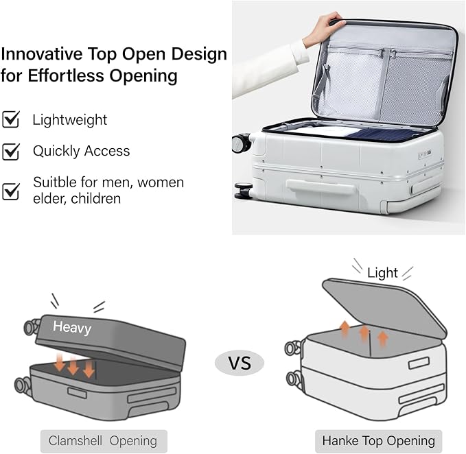 Hanke Top Opening Carry On Luggage, 20 Inch Zipperless Aluminum Frame Wide