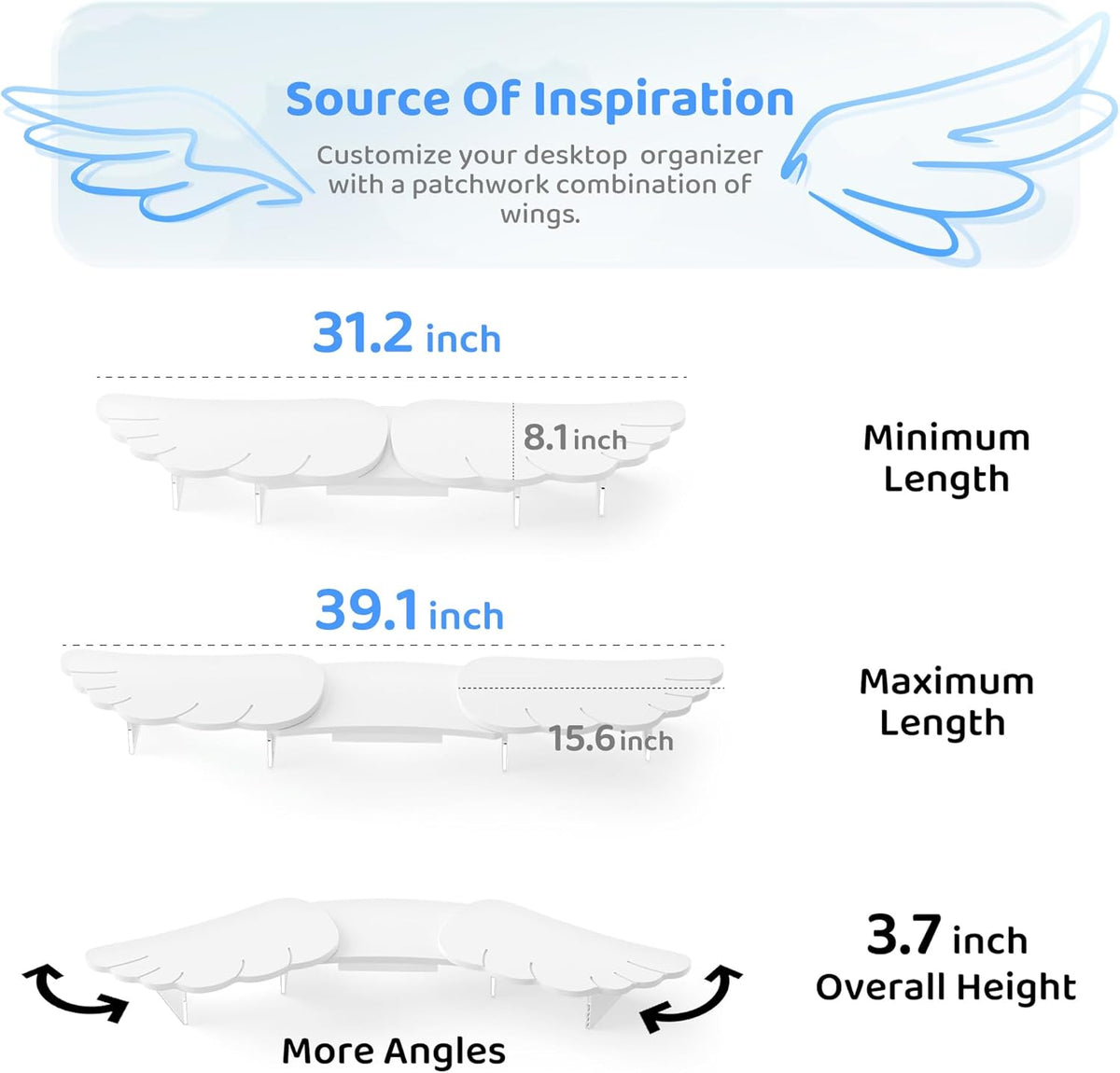 Dual Monitor Stand Riser, Wing-Shaped Sturdy Desktop Wood Stand for 2 Monitors, White Riser for Laptop, PC, Computer