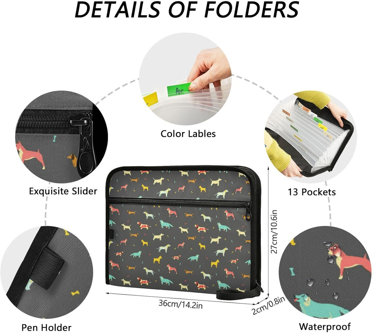 Gredecor 13 Pockets File Folder Organizer A4/Letter Water Resistant Dachshund Dog Black Document Bag with Zipper Filing Folder Expanding File Pouch Storage for School Office