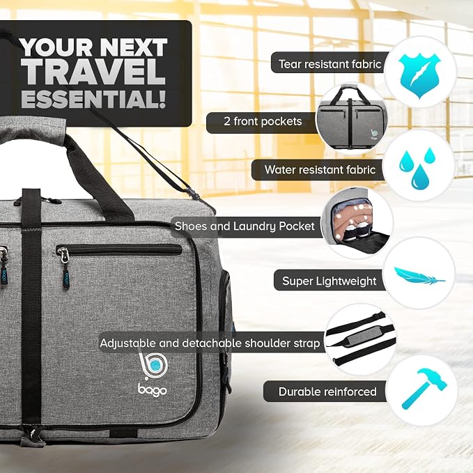 Bago Foldable Duffel Bags for Traveling Women & Men - 60L Medium Packable