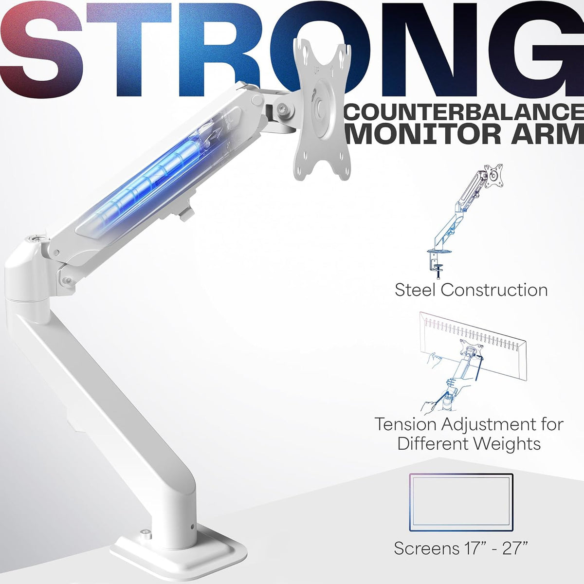 VIVO Heavy Duty Single Monitor Tension Arm for up to 27 inch Screens, Holds 14.3 lbs, Premium Desk Mount Stand, White, STAND-V101OW