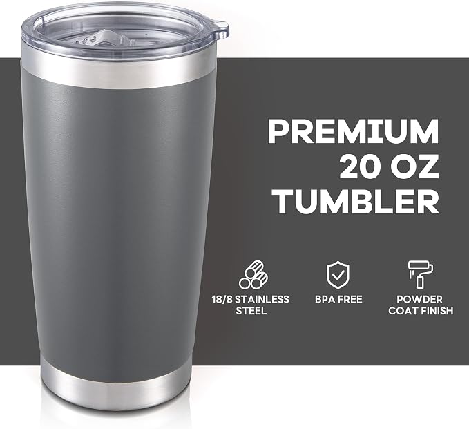 20 oz Tumbler with Lid Stainless Steel Insulated Tumblers Bulk Double Wall Vacuum Cups Powder Coated Travel Mug Keep Drink Cold and Hot, Grey, 8 Pack