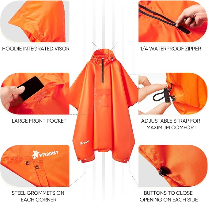 PTEROMY Hooded Rain Poncho for Adult