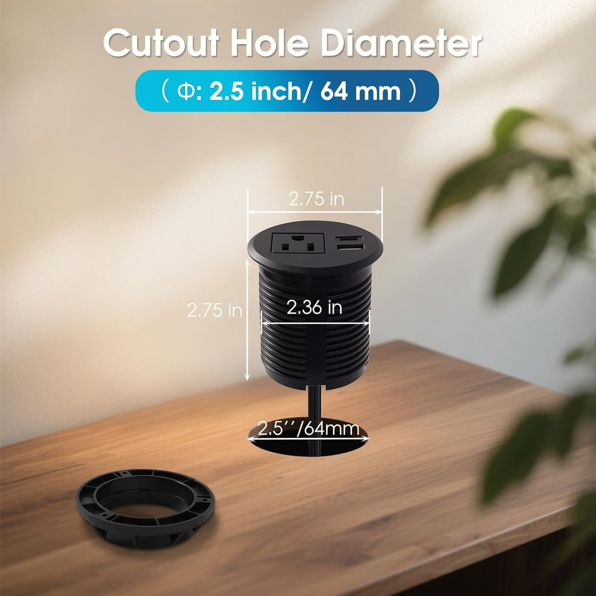 Desk Power Grommet 2.5‘’ Hole, Desktop Power Grommet, USB C 20W Fast Charging Station, Recessed Power Strip for Desk, Furniture, Office Table, Work & Living Space Essential (1 Pack)