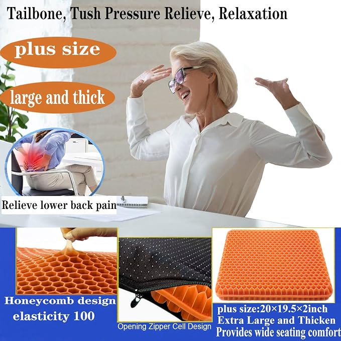 Plus Size Gel Seat Cushion for Long Sitting, Extra Large and Thick, Seat