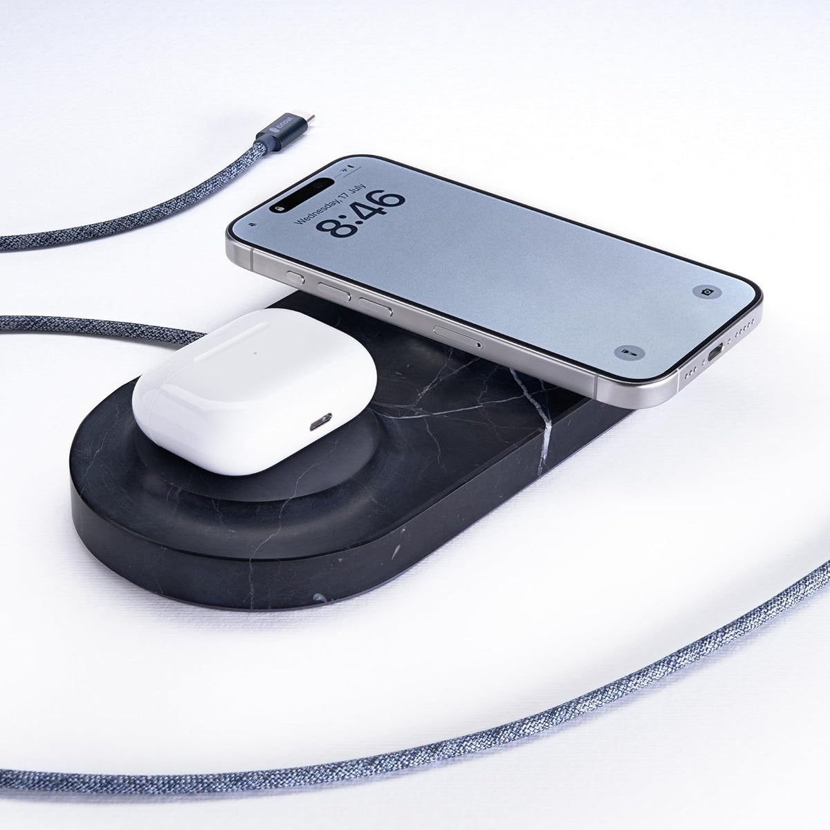 Einova Dual Classic Stone – Dual Wireless Charging Pad in Genuine Marble, Designed in Italy, Integrated 6 ft USB-C Cable, Smartphones, Wireless Earbuds, Smartwatches – Black Marquina Marble