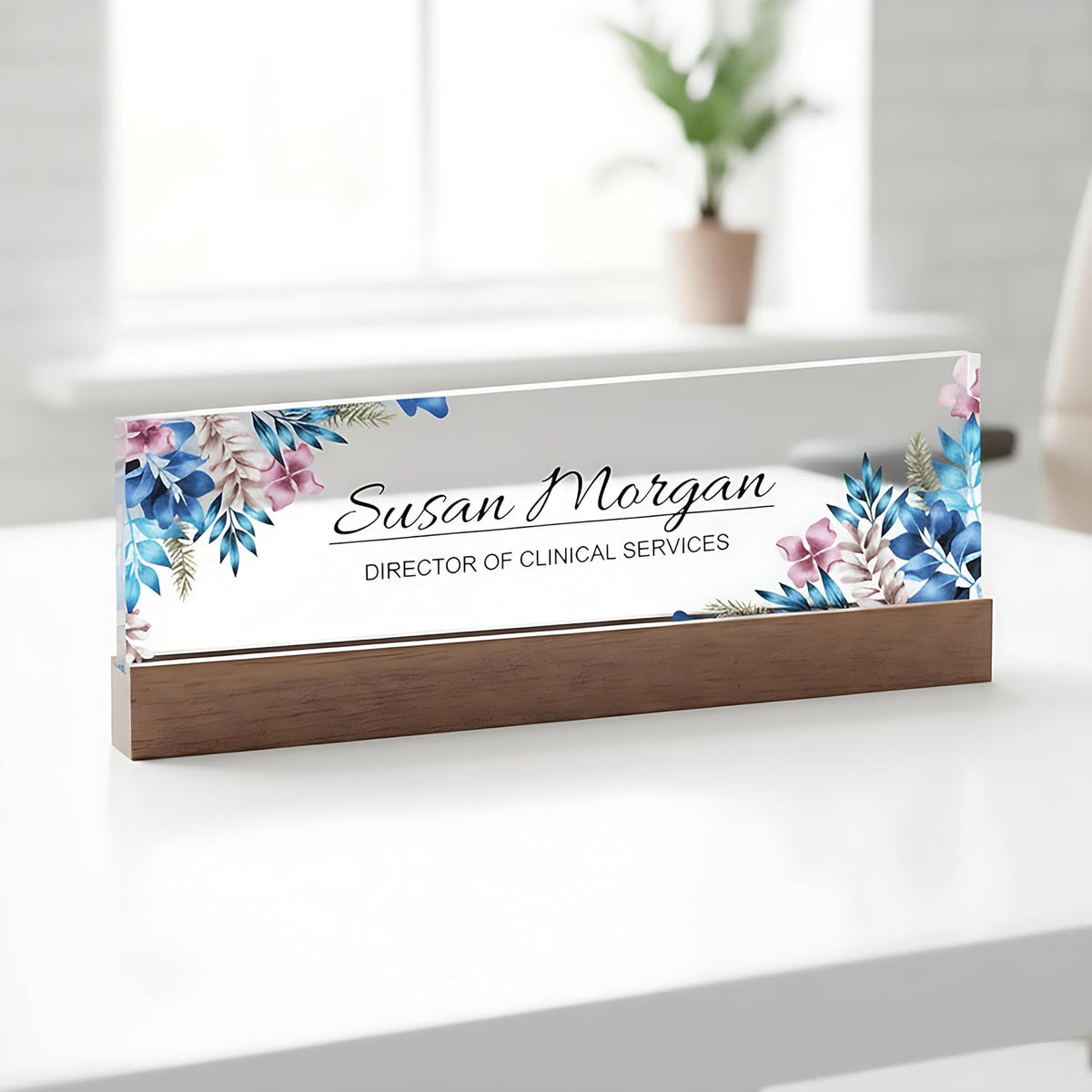 ARTBLOX | Office Personalized Name Plate Blue Leaf Design On Clear Acrylic Glass for Desk with Business Card Holder