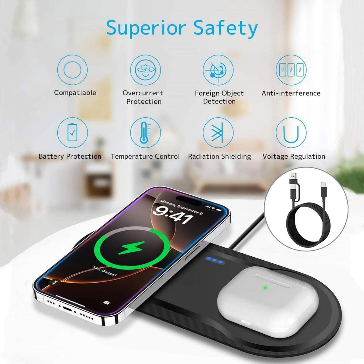40W Wireless Charging Pad, Dual 20W Fast Wireless Charging Mat for iPhone 16 15 14 13 12 11/SE/X/XS,Apple Airpods 4/3/Pro,15W Wireless Charger Station for Samsung Galaxy/Note/Bud+ (Black)