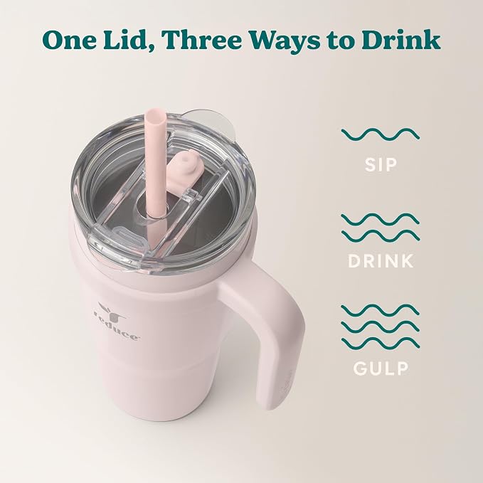REDUCE 24 oz Stainless Steel Tumbler with Handle - Dual-Wall Vacuum Insulated Travel Mug, Sweat-Proof Lid & Reusable Straw - Keeps Drinks Cold for 24 Hrs, Fits Cupholders, Dishwasher Safe-Pink Cotton