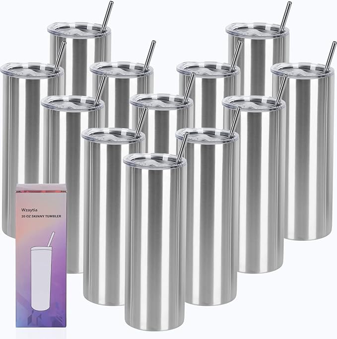 12 Pack 20 Oz Straight Skinny Tumblers,Individually Gift Boxed Stainless Steel Slim Skinny Tumbler Set Bulk, 20 Oz Insulated Slim Thin Travel Tumbler Cup for Diy, Silver