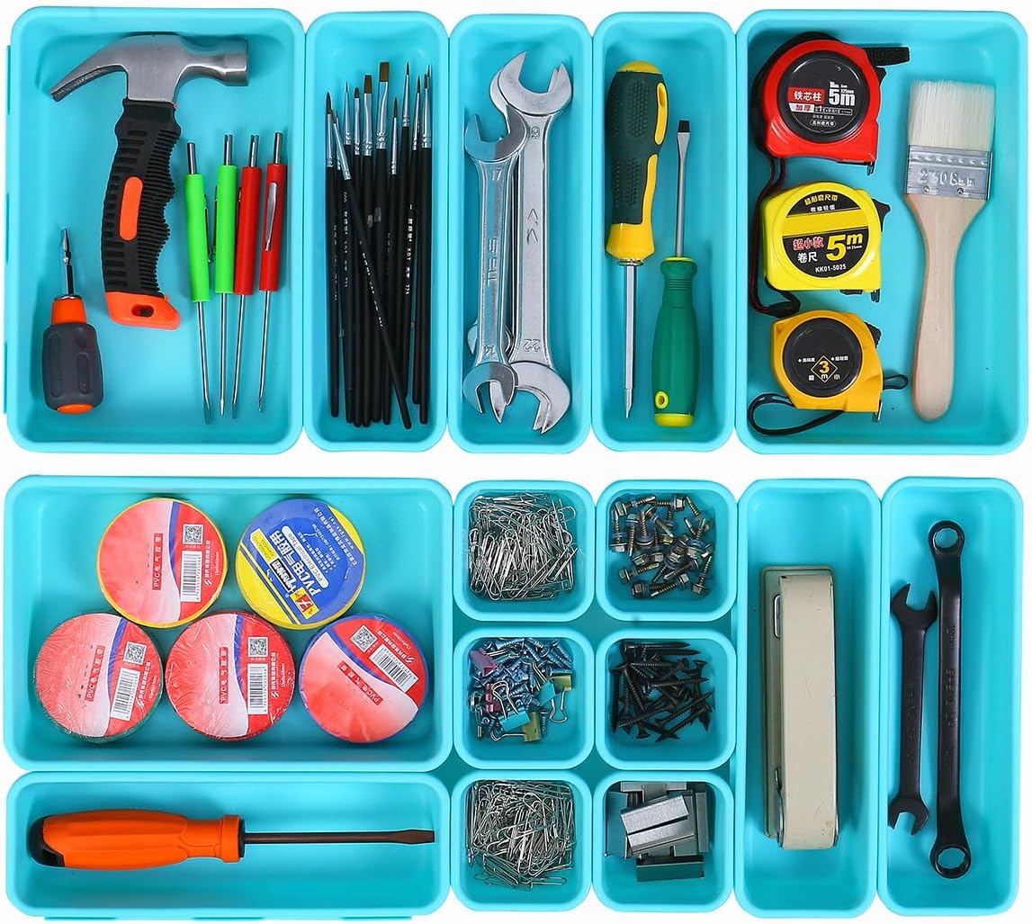 15 PCS Interlocking Desk Drawer Organizer Separator for Office,Bathroom,Kitchen,Makeup（Blue&Green）