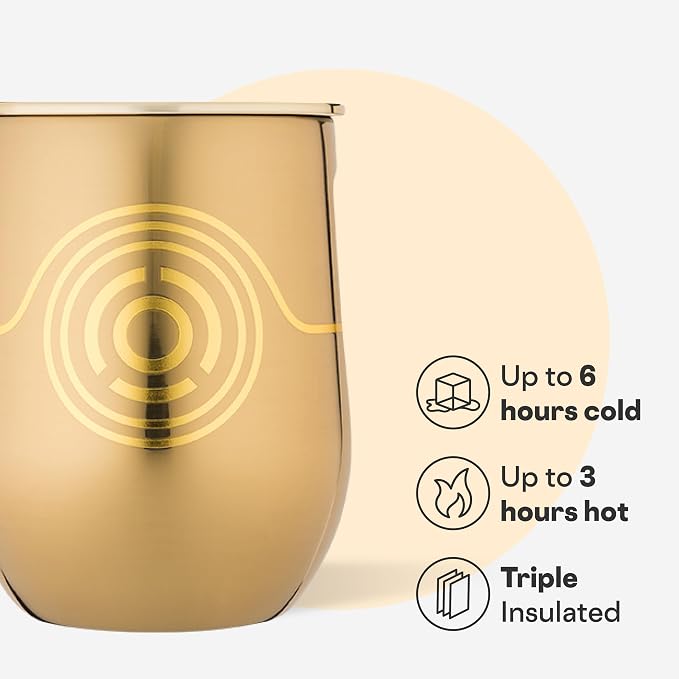 Corkcicle Stemless Insulated Wine Glass Tumbler - Beverages Cold 6 Hours & Hot 3 Hours - Stainless Steel - Easy-Grip - Summer Drinkware Gift - Keeps Drinks Ice - 12 oz - C-3PO