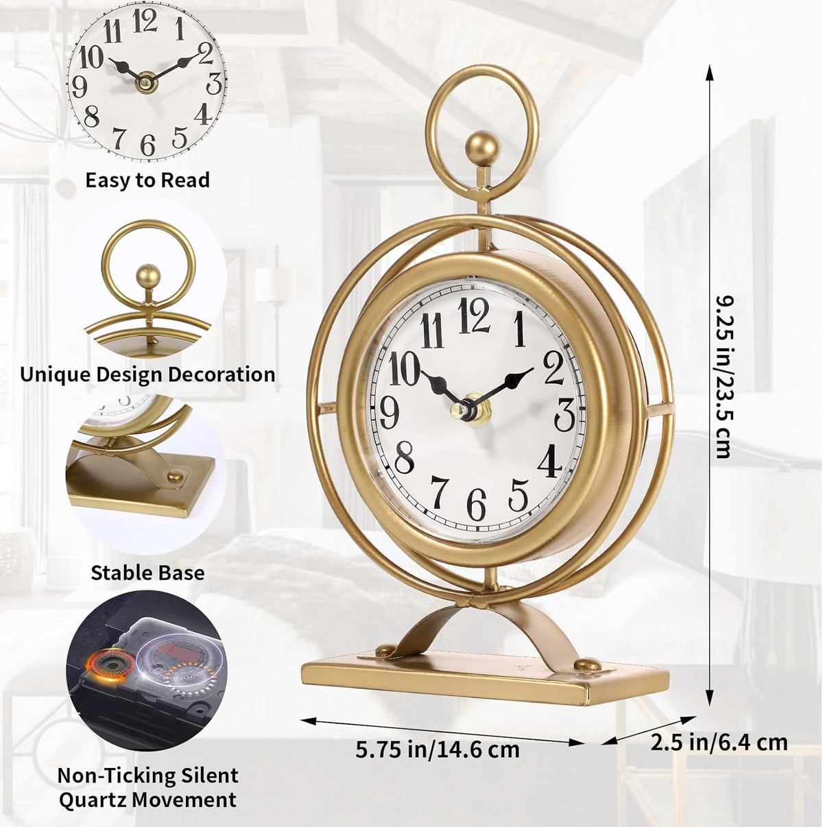 Vintage Table Clock on Stand, Decorative Metal Desk Clock, Small Antique Gold Silent Non-Ticking Battery Operated Farmhouse Shelf Table Clocks for Home Kitchen Bedroom Decor