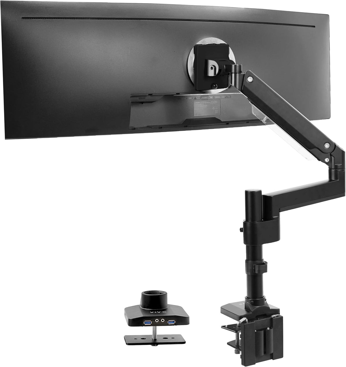 VIVO Premium Aluminum Tall Extended Monitor Arm for Ultrawide Monitors up to 49 inches and 33 lbs, USB Single Desk Mount Stand, Pneumatic Height Adjust, Max VESA 100x100, Black, STAND-V101GTU