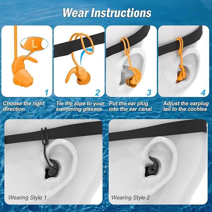 Swimming Ear Plugs for Adults, 4 Pairs Waterproof Reusable Silicone Swim Earplugs with Removable Cord, Perfect for Swimming, Showering, Surfing and Other Water Sports - Two Wearing Styles