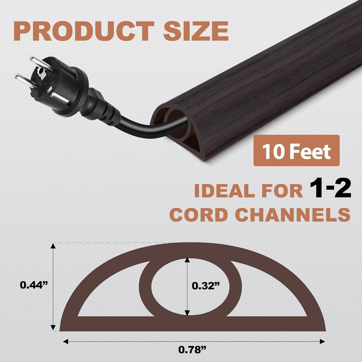 Floor Cord Cover for Wires on Floor Self Adhesive Cord Hider Floor Cable Management Wire Covers for Cords Protector Prevent Cable Trips Cord Cavity W 0.32" x H 0.32", Black Walnut, 10Ft