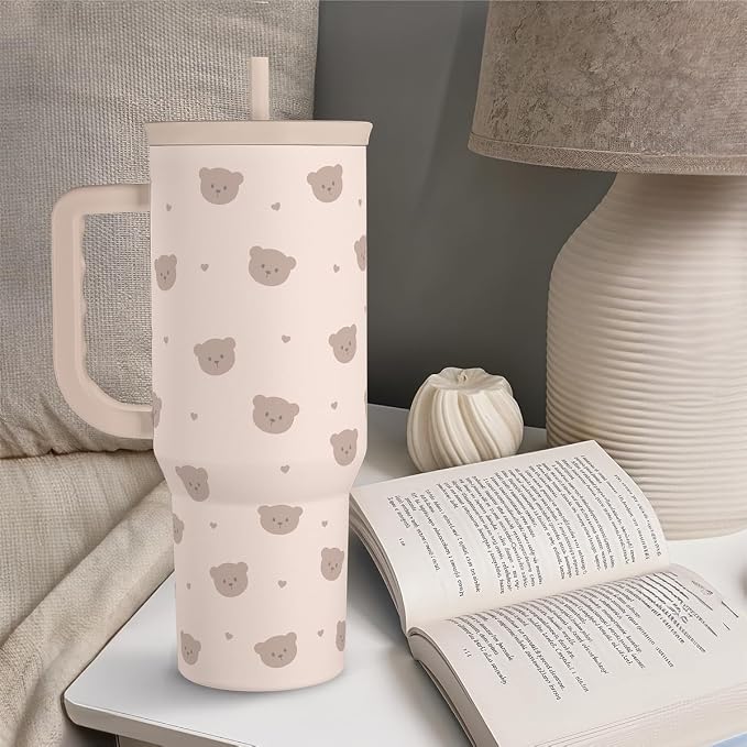 SANDJEST Bear Tumbler with Handle, Insulated Cup Stainless Steel Travel Mug Cup, Gifts for Women Girl, 40oz