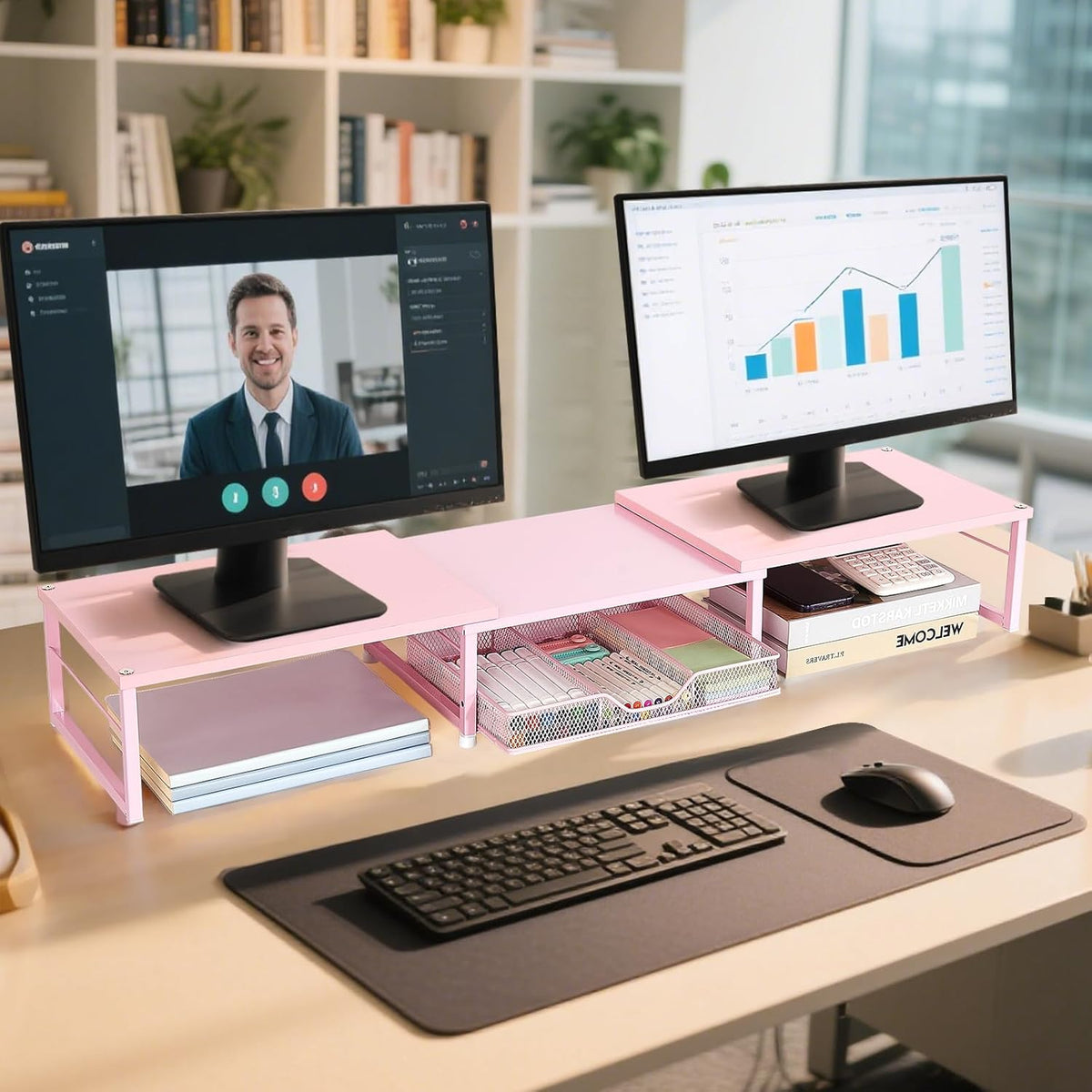 Dual Monitor Stand Riser, Desk Organizer with Drawer, Office Desk Organizers and Accessories, Office Workspace Organization Computer Monitor Stand for Laptop, Printer, TV（Pink）