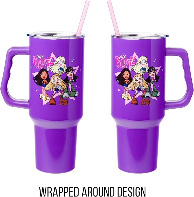 Silver Buffalo Bratz Featuring Cloe, Yasmin, Jade, and Sasha Double Walled Stainless Steel Tumbler with Handle and Straw, Fits in Standard Cup Holder, 40 Ounces