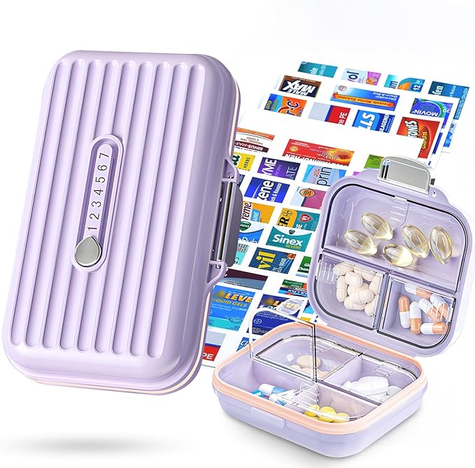 Travel Pill Organizer Box with Medicine Labels, Daily Medication Organizer