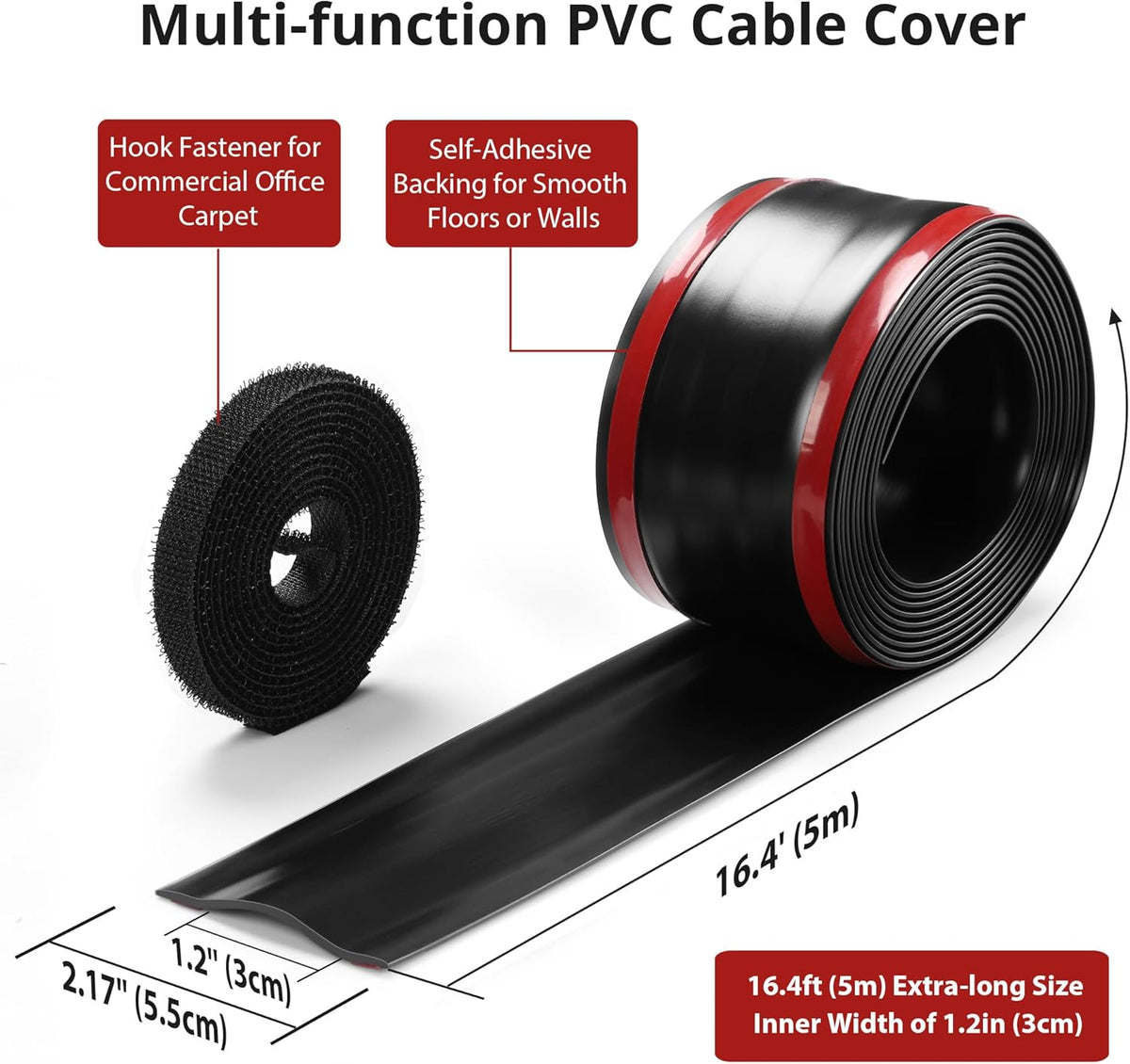 16.4ft Cord Cover Floor, Soft PVC Cord Covers for Wires on Floor, Self-Adhesive Floor Cable Cover Cord Hider, Floor Cable Management Cable Protector for Commercial Office Carpet/Floors/Wall Black