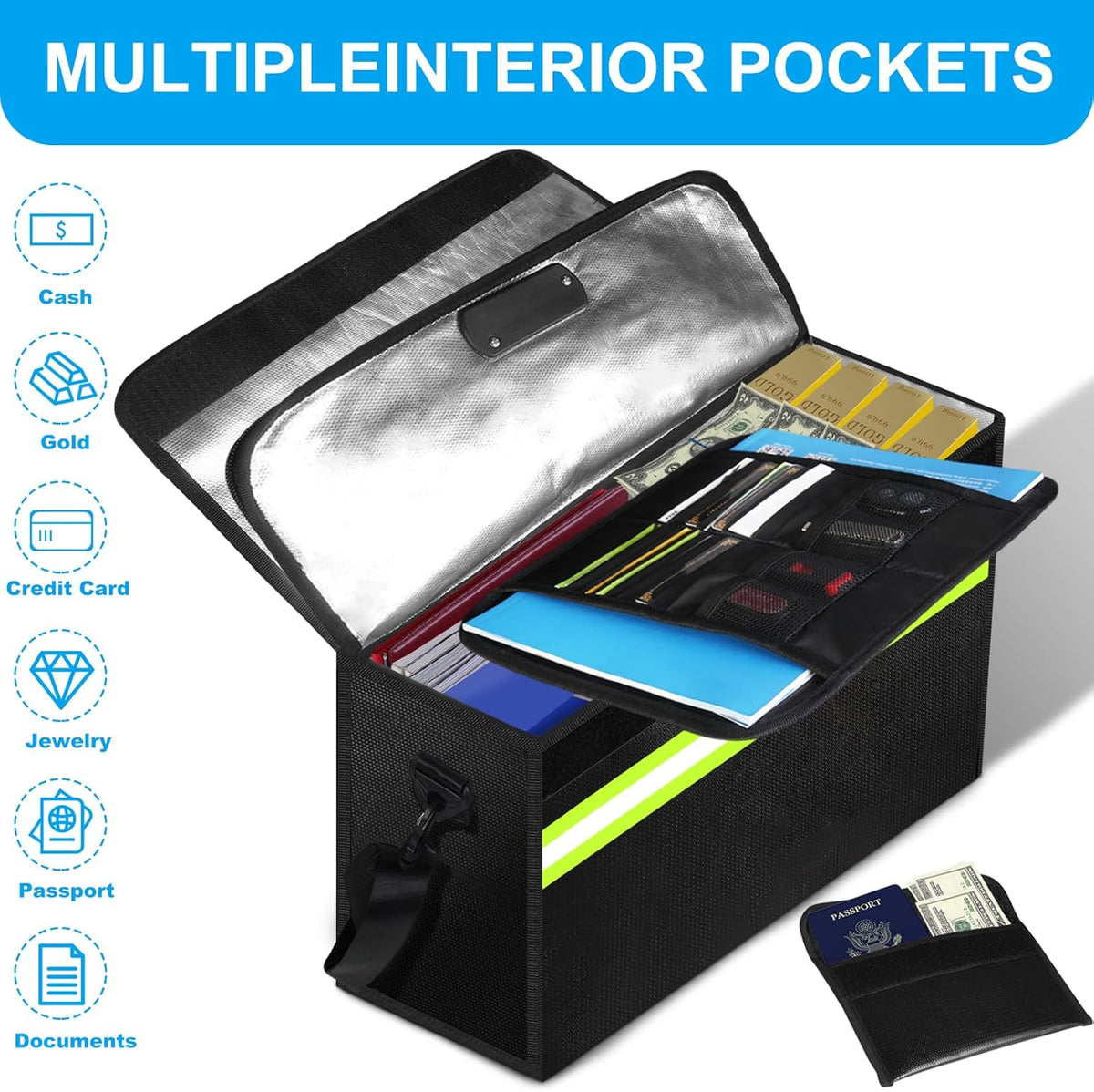 Large Fireproof Money Bags with Lock-6500°F Fireproof Document Box,10 Layers Insulation Materials&Waterproof Zipper,Removable Folder Layers/Wallet,Reflective Strip for Valuables(16.5”x 12.4”x 5.5”)
